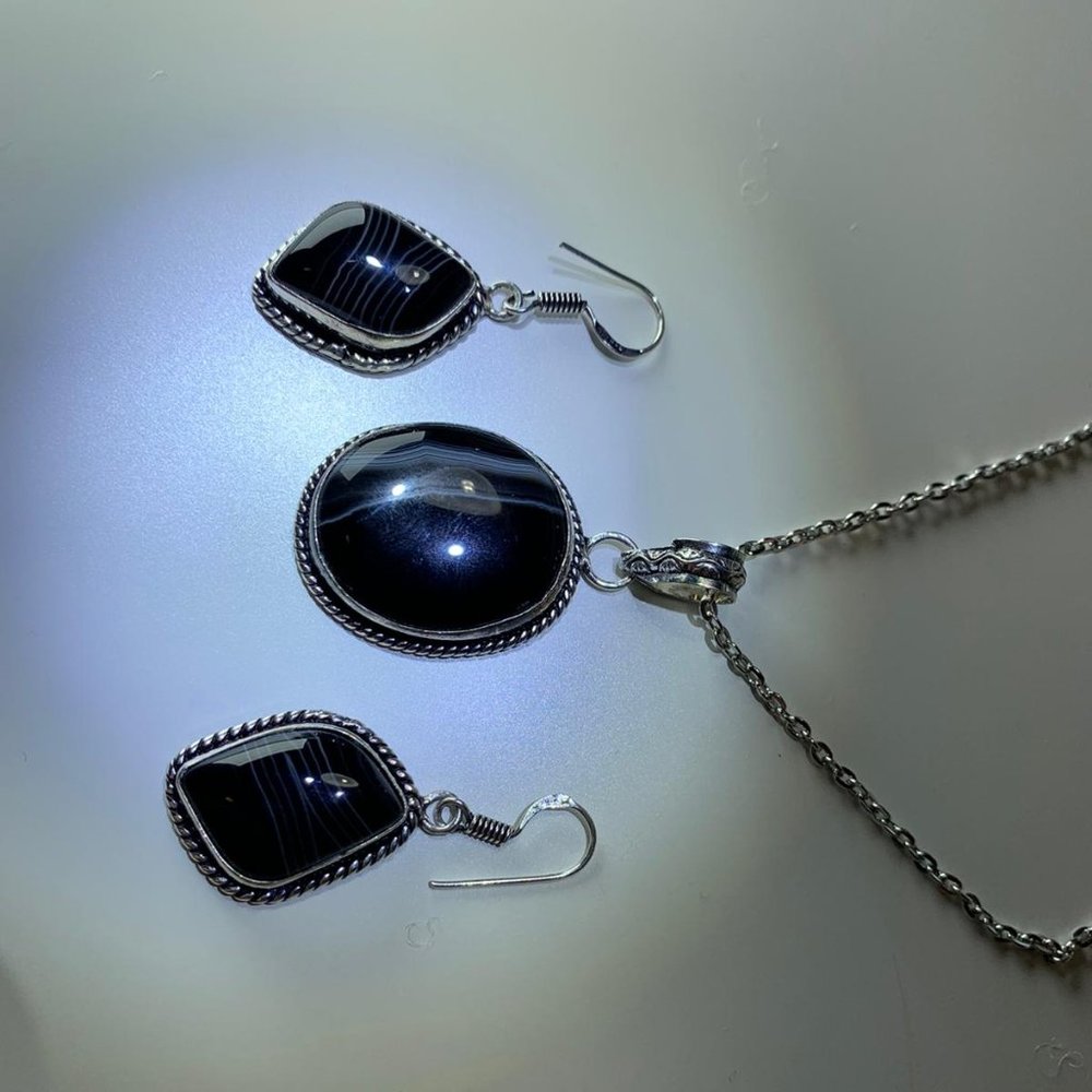 Black Botswana Agate Earrings And Necklace Set